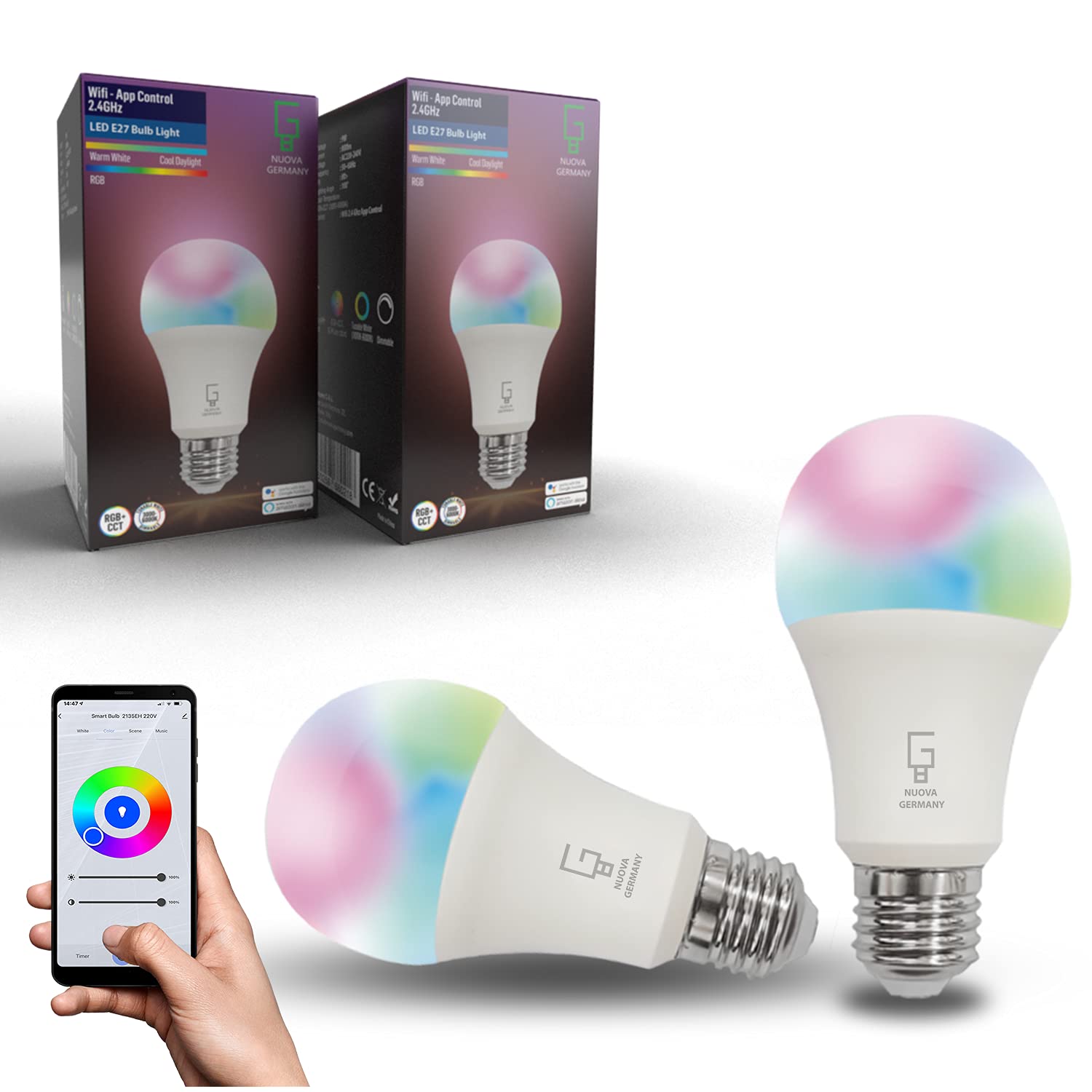 NUOVA GERMANY Lampadine Alexa E27 Wifi Lampadina LED Alexa,2700K-6500K,  RGB+Bianco 9W Wifi 2.4Ghz Regolabile Dimmerabile Multicolore Controllo di