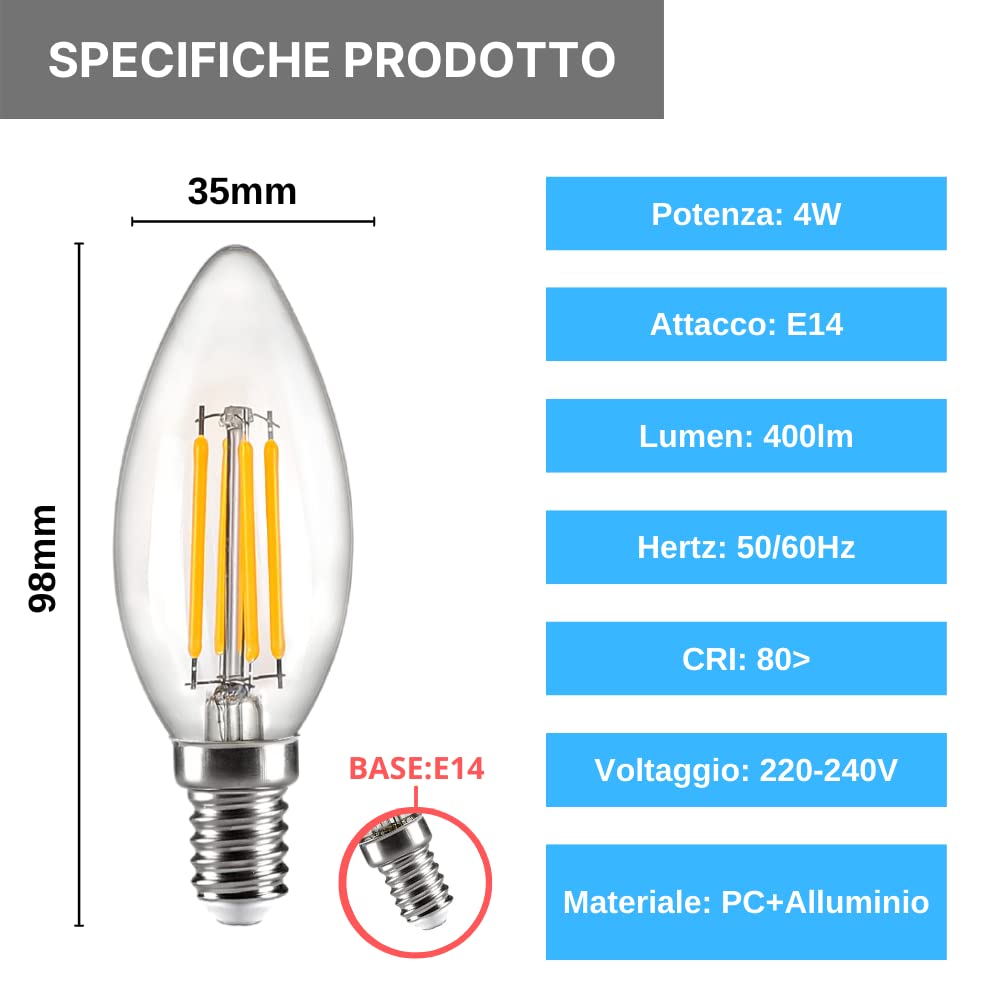 NUOVA GERMANY Filamento LED E14, 4W Equivalenti a 40W, 400Lm, 3000K Luce Calda, Oliva C35 Stile Vintage, Non Dimmerabile, Confezione da 10 Pezzi